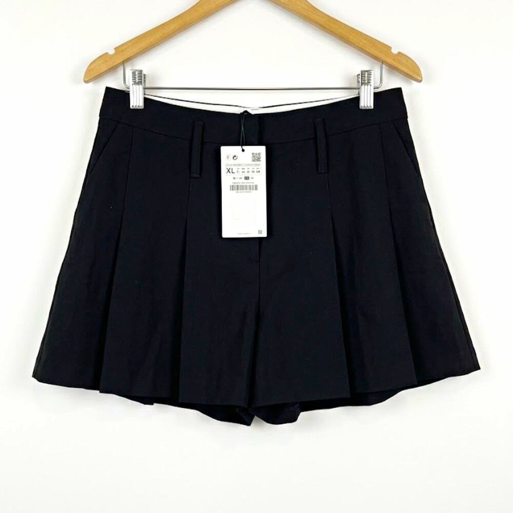 ZARA NWT Black Pleated ZW Mini Skirt Shorts High Waist Tailored Size XL
